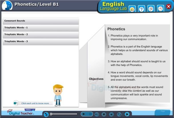 English language lab practical activity on phonetic charts and their consonant sounds, trisyllabic words 1 2 3